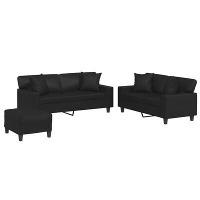 vidaXL 3 Piece Sofa Set with Pillows Black Faux Leather