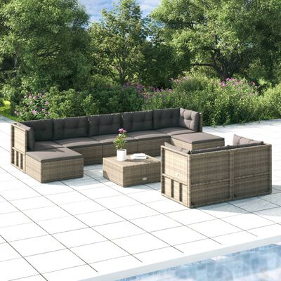 vidaXL 9 Piece Garden Lounge Set with Cushions Grey Poly Rattan