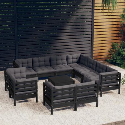 vidaXL 12 Piece Garden Lounge Set with Cushions Black Solid Pinewood