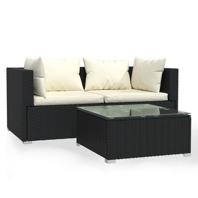 vidaXL 3 Piece Garden Lounge Set with Cushions Black Poly Rattan