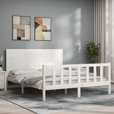 vidaXL Bed Frame with Headboard White King Size Solid Wood