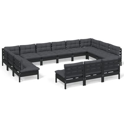 vidaXL 13 Piece Garden Lounge Set with Cushions Black Solid Pinewood