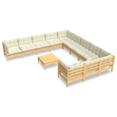 vidaXL 12 Piece Garden Lounge Set with Cream Cushions Pinewood