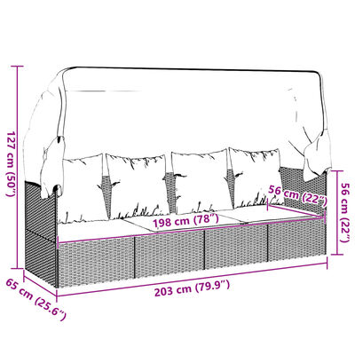 vidaXL Outdoor Lounge Bed with Roof and Cushions Black Poly Rattan