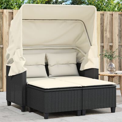 vidaXL Garden Sofa 2-Seater with Canopy and Stools Black Poly Rattan