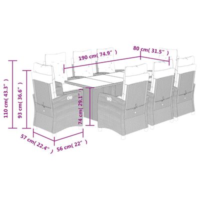 vidaXL 9 Piece Garden Dining Set with Cushions Grey Poly Rattan