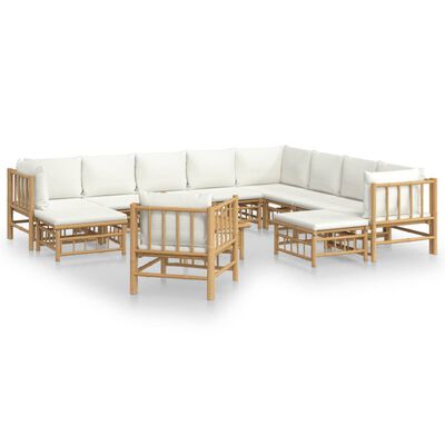 vidaXL 12 Piece Garden Lounge Set with Cream White Cushions Bamboo