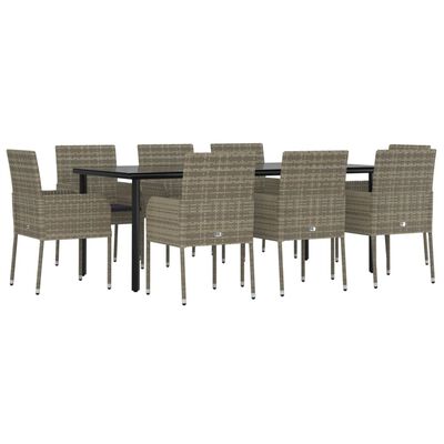 vidaXL 9 Piece Garden Dining Set with Cushions Black and Grey Poly Rattan