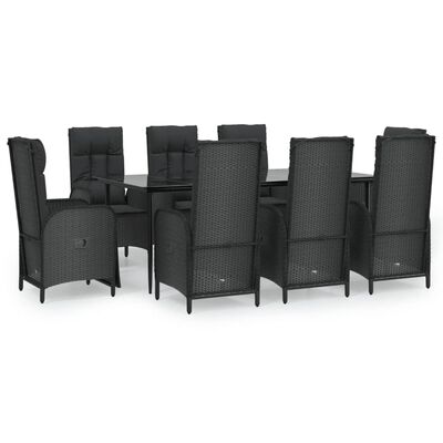 vidaXL 9 Piece Garden Dining Set with Cushions Black Poly Rattan