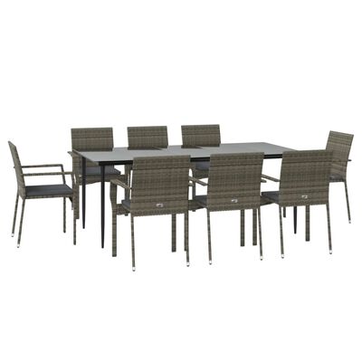 vidaXL 9 Piece Garden Dining Set with Cushions Black and Grey Poly Rattan