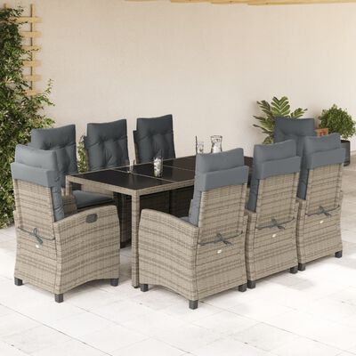 vidaXL 9 Piece Garden Dining Set with Cushions Grey Poly Rattan