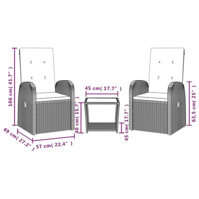 vidaXL 3 Piece Garden Dining Set with Cushions Grey Poly Rattan