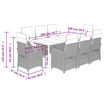 vidaXL 9 Piece Garden Dining Set with Cushions Grey Poly Rattan