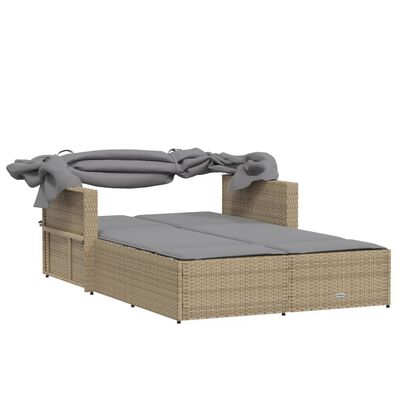 vidaXL Double Sun Lounger with Canopy and Cushions Mix Beige Poly Rattan