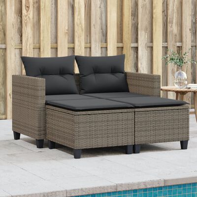 vidaXL Garden Sofa 2-Seater with Stools Grey Poly Rattan