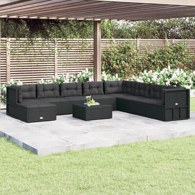 vidaXL 9 Piece Garden Lounge Set with Cushions Black Poly Rattan