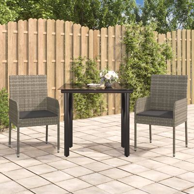 vidaXL 3 Piece Garden Dining Set with Cushions Black and Grey Poly Rattan