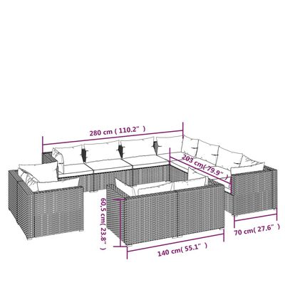 vidaXL 11 Piece Garden Lounge Set with Cushions Grey Poly Rattan