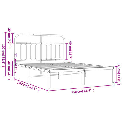 vidaXL Metal Bed Frame without Mattress with Headboard Black 150x200 cm King Size