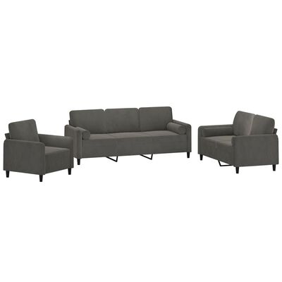 vidaXL 3 Piece Sofa Set with Throw Pillows&Cushions Dark Grey Velvet