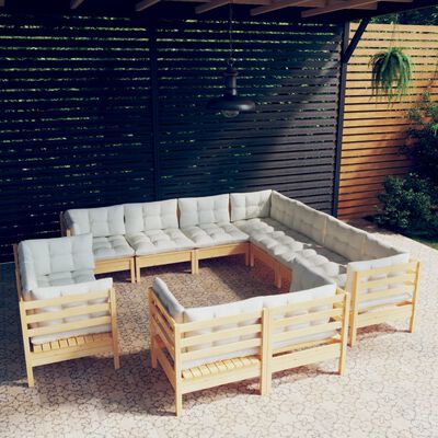 vidaXL 11 Piece Garden Lounge Set with Cream Cushions Solid Pinewood