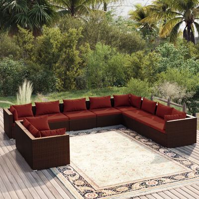 vidaXL 10 Piece Garden Lounge Set with Cushions Brown Poly Rattan