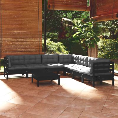 vidaXL 8 Piece Garden Lounge Set with Cushions Black Solid Pinewood