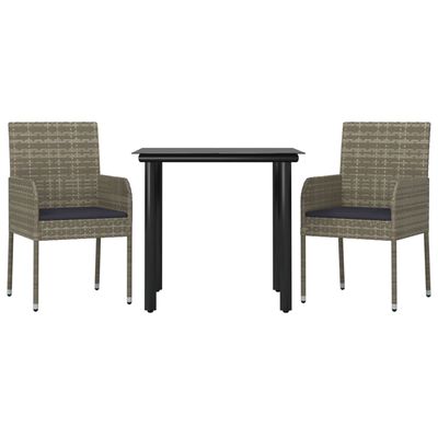 vidaXL 3 Piece Garden Dining Set with Cushions Black and Grey Poly Rattan