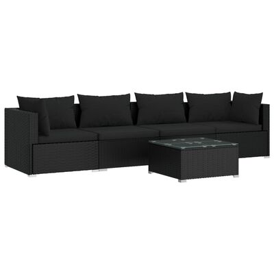 vidaXL 5 Piece Garden Lounge Set with Cushions Poly Rattan Black