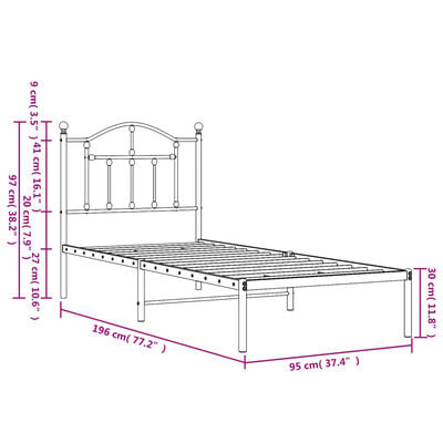 vidaXL Metal Bed Frame without Mattress with Headboard White 90x190 cm Single