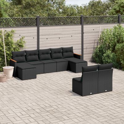 vidaXL 9 Piece Garden Sofa Set with Cushions Black Poly Rattan