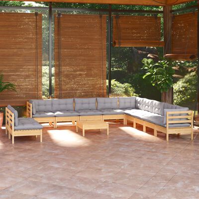 vidaXL 12 Piece Garden Lounge Set with Grey Cushions Solid Pinewood