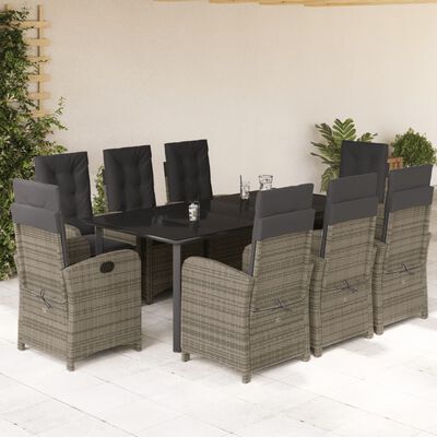 vidaXL 9 Piece Garden Dining Set with Cushions Grey Poly Rattan