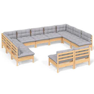 vidaXL 11 Piece Garden Lounge Set with Grey Cushions Solid Pinewood