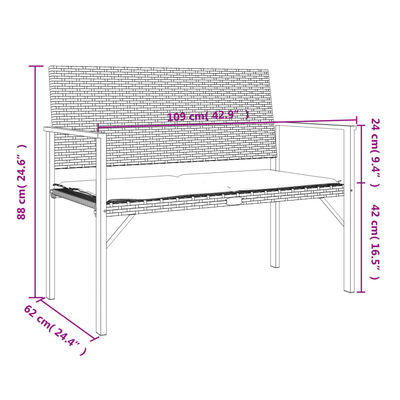 vidaXL 2-Seater Garden Bench with Cushion Black Poly Rattan