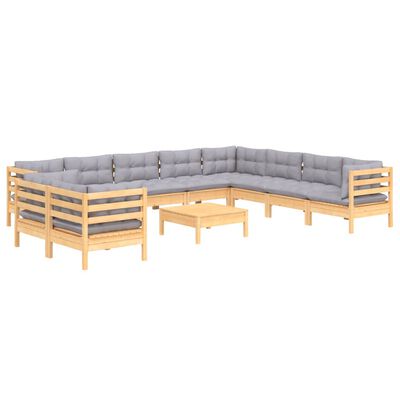 vidaXL 11 Piece Garden Lounge Set with Grey Cushions Solid Pinewood