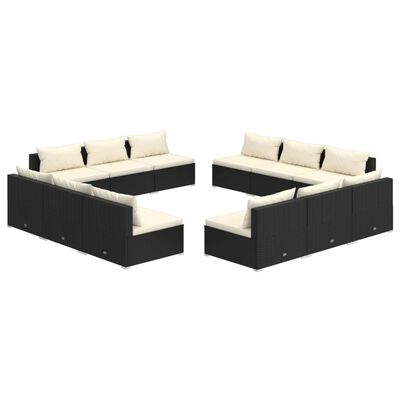 vidaXL 12 Piece Garden Lounge Set with Cushions Poly Rattan Black