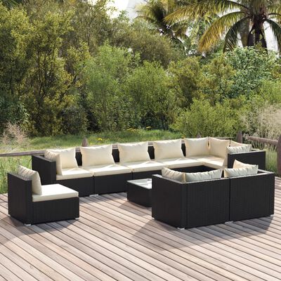 vidaXL 10 Piece Garden Lounge Set with Cushions Poly Rattan Black