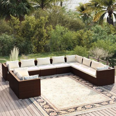 vidaXL 10 Piece Garden Lounge Set with Cushions Brown Poly Rattan