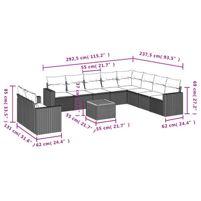 vidaXL 11 Piece Garden Sofa Set with Cushions Grey Poly Rattan