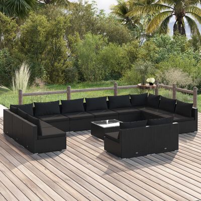 vidaXL 13 Piece Garden Lounge Set with Cushions Black Poly Rattan