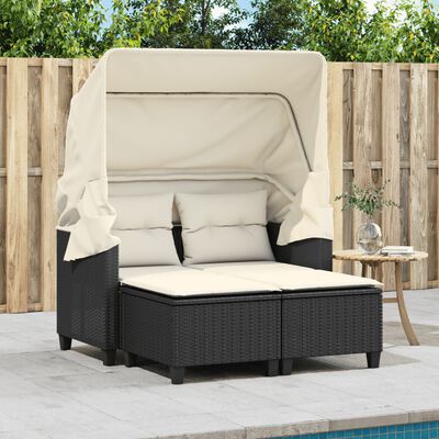 vidaXL Garden Sofa 2-Seater with Canopy and Stools Black Poly Rattan