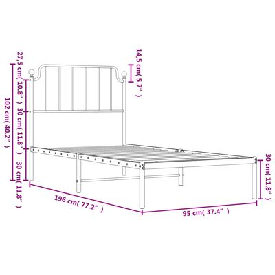 vidaXL Metal Bed Frame without Mattress with Headboard White 90x190 cm Single