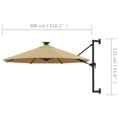 vidaXL Wall-mounted Garden Parasol with LEDs 300 cm Taupe