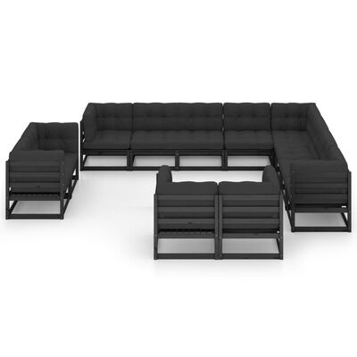 vidaXL 12 Piece Garden Lounge Set with Cushions Black Solid Pinewood