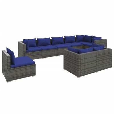 vidaXL 9 Piece Garden Lounge Set with Cushions Poly Rattan Grey