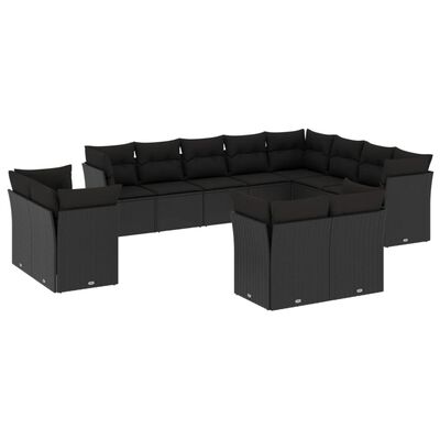 vidaXL 12 Piece Garden Sofa Set with Cushions Black Poly Rattan