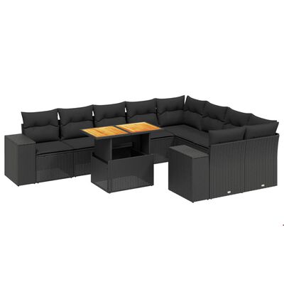 vidaXL 10 Piece Garden Sofa Set with Cushions Black Poly Rattan