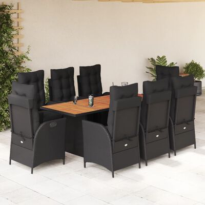 vidaXL 9 Piece Garden Dining Set with Cushions Black Poly Rattan