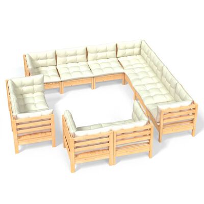 vidaXL 11 Piece Garden Lounge Set with Cream Cushions Solid Pinewood